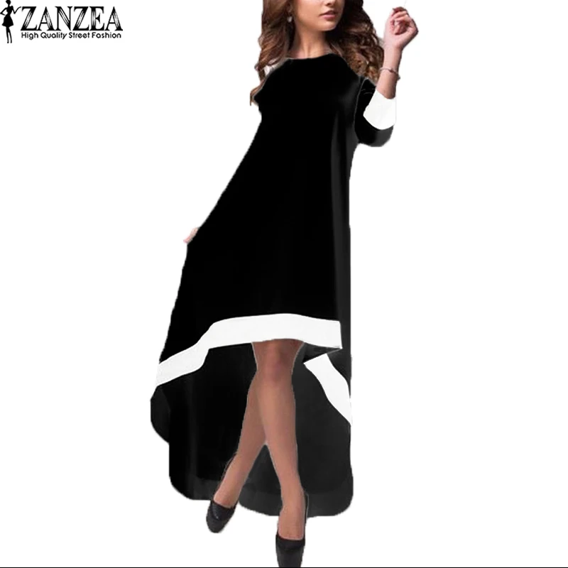 ZANZEA модное женское платье осеннее Длинное Макси платье для вечеринки лоскутное асимметричное платье с круглым вырезом размера плюс S-5XL