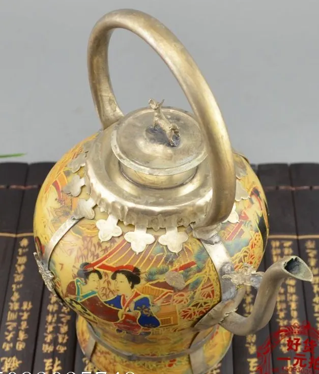 Antique Collectible Chinese Handmade Silver /& Porcelain Inlaid Teapot yellow