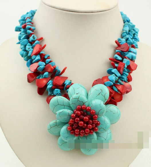 FREE SHIPPING>>@> A714 blue turquoise red coral flower necklace