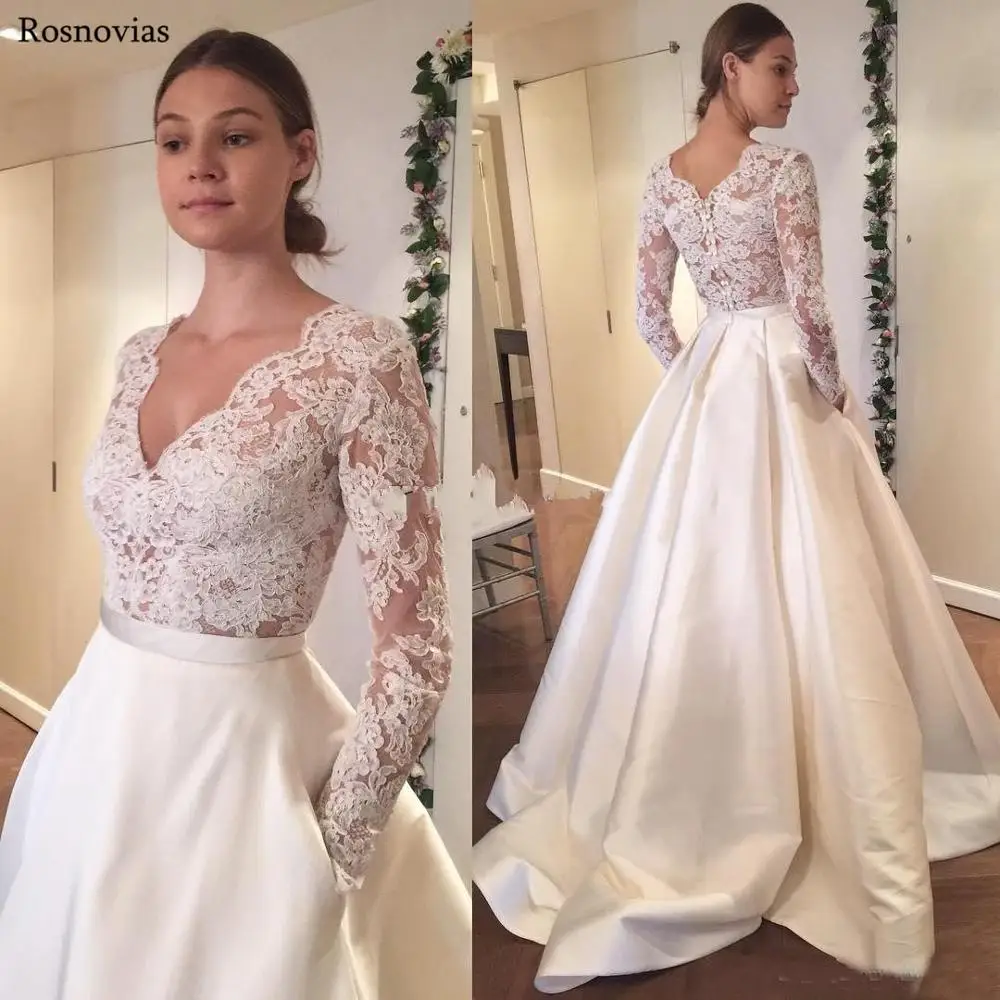 

Vintage Long Sleeves Wedding Dresses 2019 V Neck Covered Button Back Sweep Train Customized Lace Appliques Bridal Jumpsuits