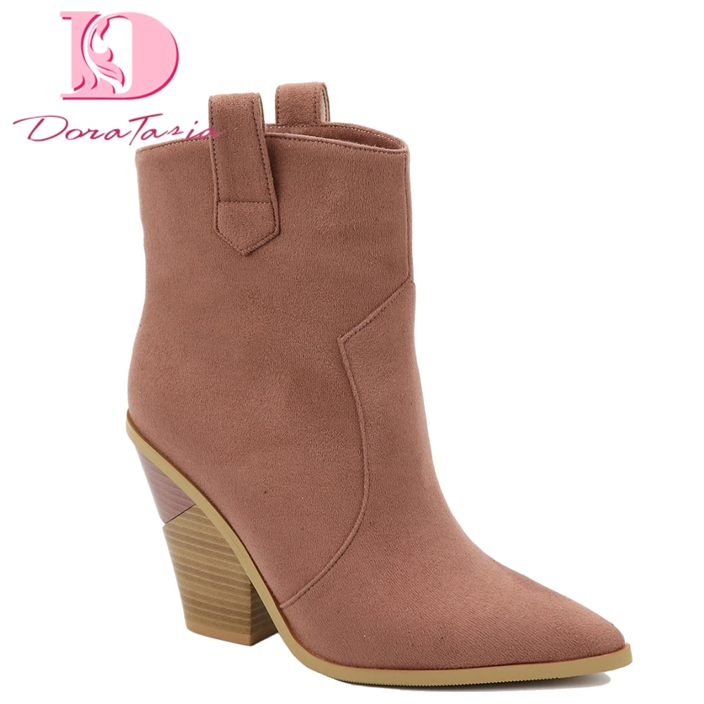 

2019 big Size 34-43 retro high quality chunky Heels mid-calf Boots Women Shoes Slip On flock Western boots Shoes Woman