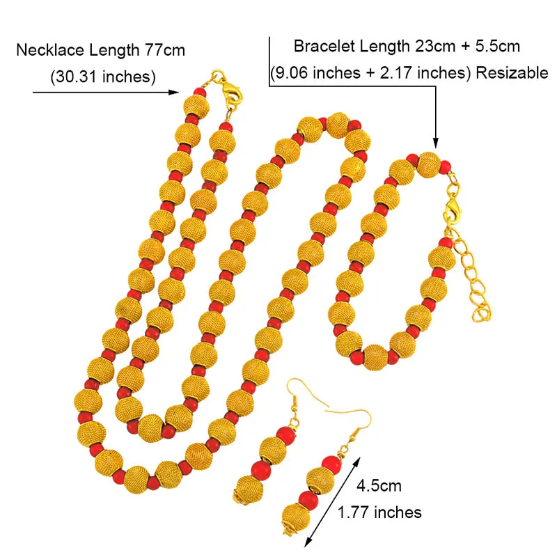 В африканском стиле золотой Цвет четки 77 см бусы Цепочки и ожерелья 23 см мяч Браслеты серьги для Для женщин вечерние Ювелирные наборы# j0947 - Окраска металла: Red and Gold