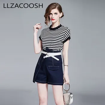 

2019 Fashion Summer black Striped T-shirt+high waist Jeans 2 Piece Set Casual T-shirt Short Denim Jeans Suit For Women