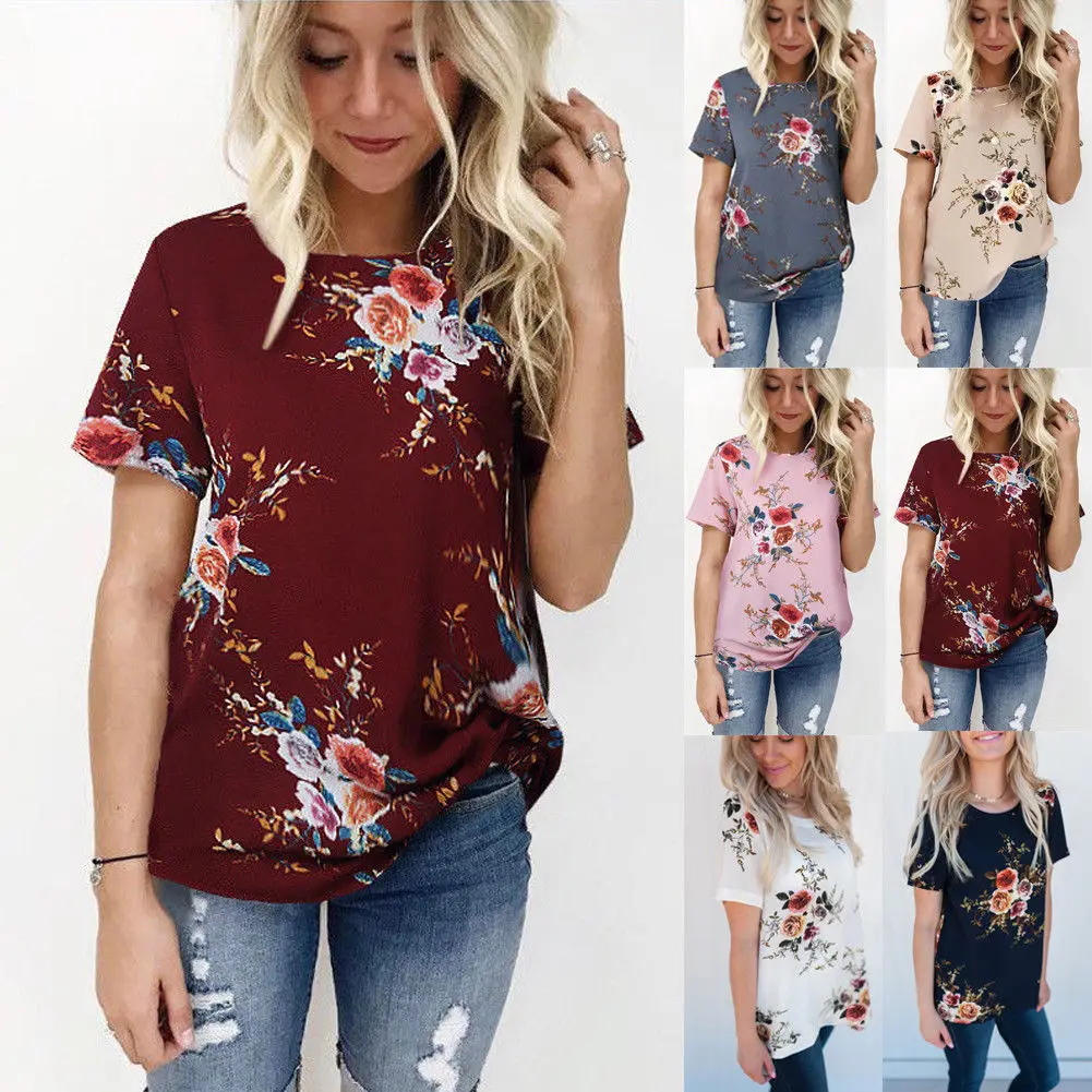 Bohemian Style Women Summer Short Sleeve Floral Print T Shirt Tops ...