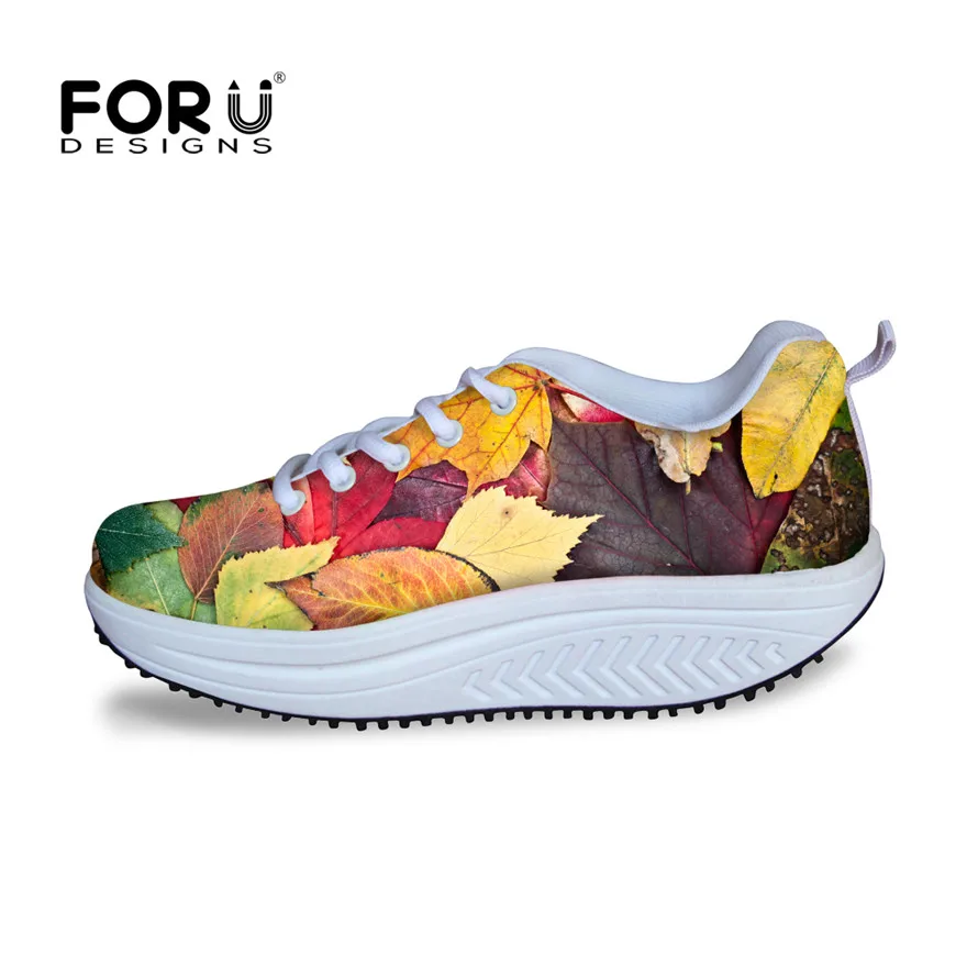 ФОТО FORUDESIGNS Fashion Lady's Flat Platform Shoes Maple Printed Height Increasing Leisure Female Swing Slimming Shoes Breathable