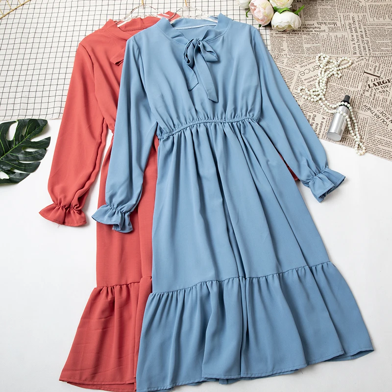 

HISUMA Women Spring Flare Sleeve Lace Up Bandage Ruffle Dress Casual Elastic Slim High Waist Pullover Pleated Chiffon Cake Dress