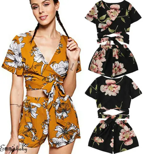 

Women 2 Piece Set Floral Bandage Crop Top Shorts Summer Outfits Short