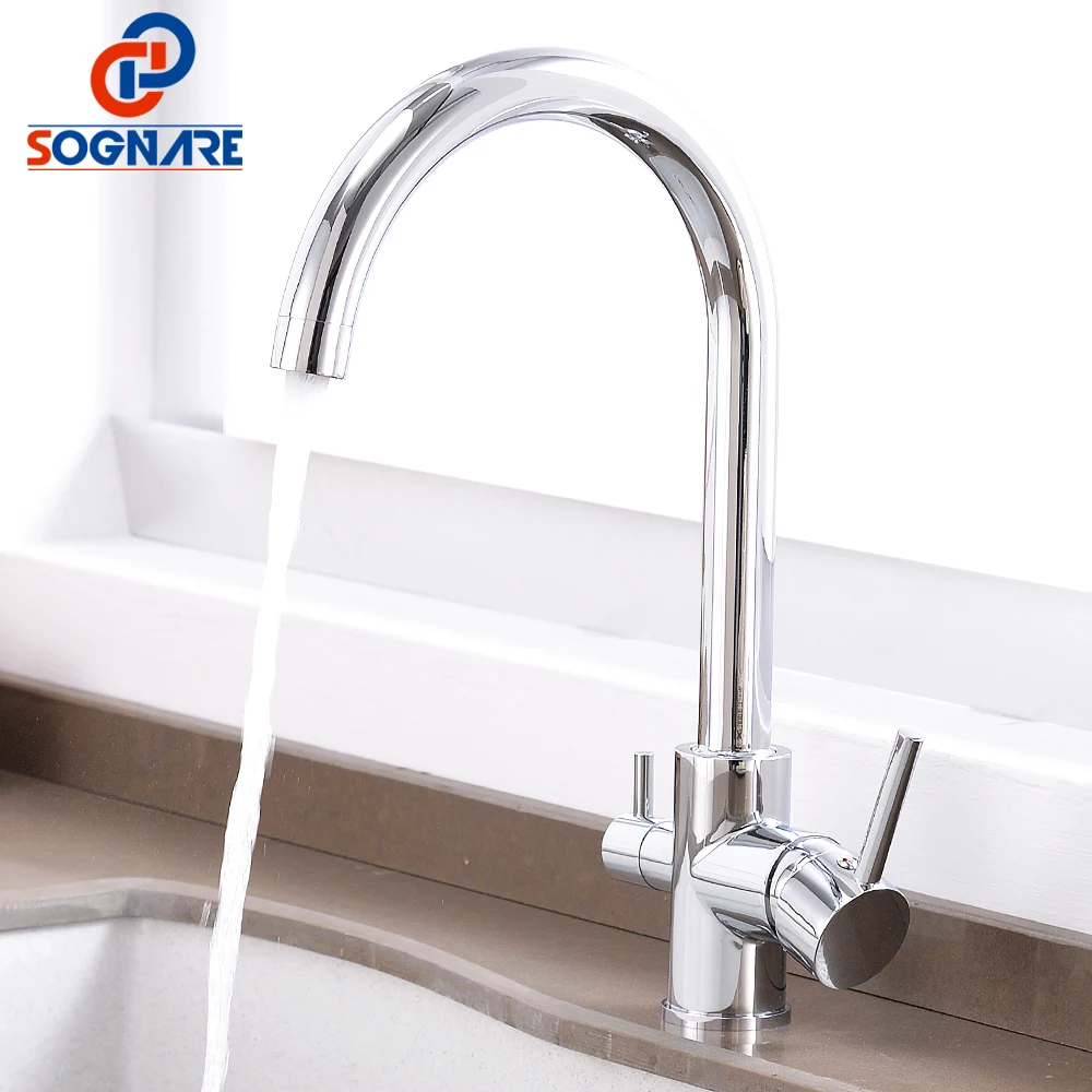  Kitchen Faucet with Filtered Water Mixer 360 Degree Rotation 3 Way Drink Water Tap Chrome Brass Sin - 32895933378