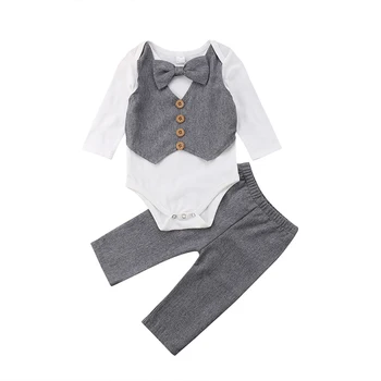 

2018 Newborn Baby Boy Clothes Set 2pcs Gentleman Outfits Bow Tie Tops Long Sleeve Bodysuit Pant Formal Suit Autumn Costume 0-18M