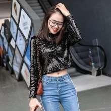 Модный укороченный топ, черная футболка с блестками, женская тонкая Базовая футболка с длинным рукавом, сексуальный клубный Топ для женщин s