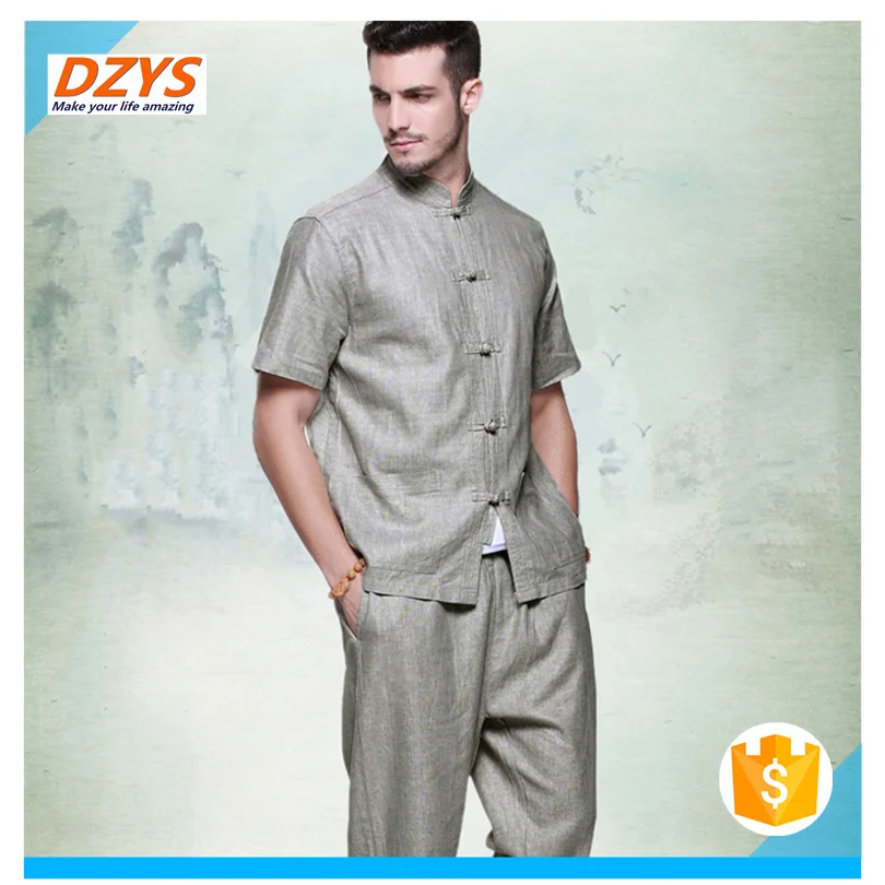 Summer handsome men's short-sleeved shirt linen collar clothing04
