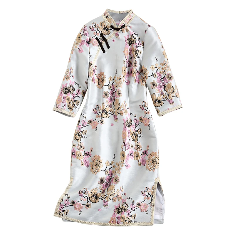 Розовый тонкий Cheongsam Весна повседневное Vestidos женское вечернее платье по колено