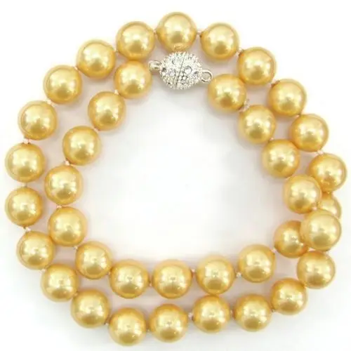 

FREE SHIPPING ****10mm Golden South Sea Shell Pearl Round Beads Magnet Clasp Necklace 17" AAA
