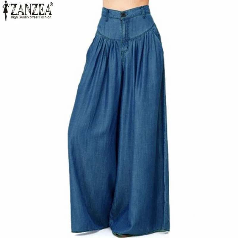 ZANZEA брюки женские с высокой талией Длинные шаровары с карманами Свободные плиссированные джинсовые синие широкие брюки Вечерние брюки палаццо размера плюс