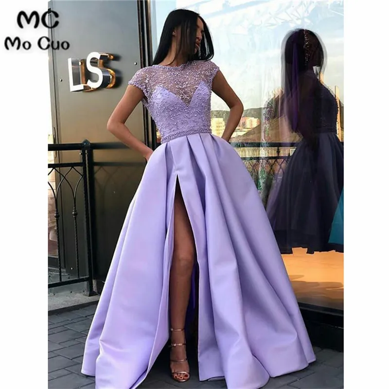 Stunning Tulle & Satin Cap Sleeves A-line Prom Dresses With Beadings