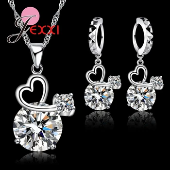 

Luxury Cubic Zirconia Heart Collar Necklace 925 Sterling Silver Jewelry Sets Dangle Earrings Romantic Wedding Party