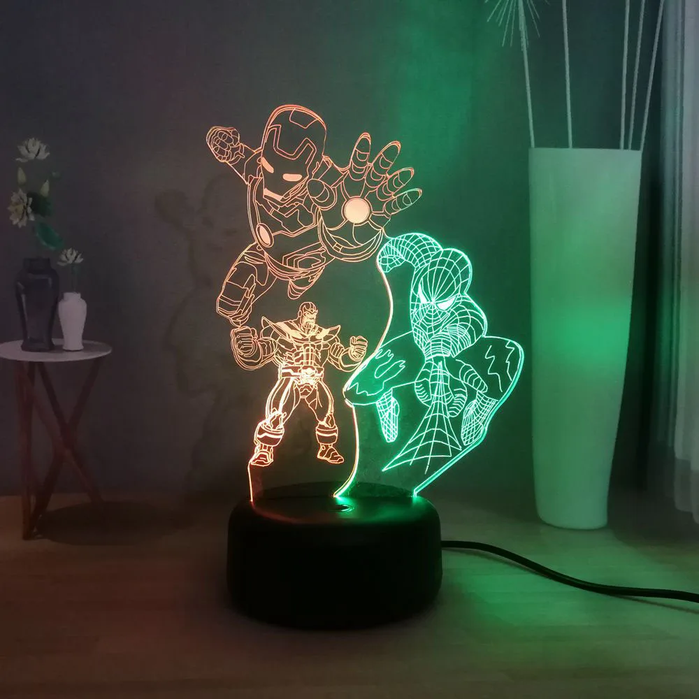 Горячие фигурки Marvel 3D детская Ночная лампа для сна супергерой Железный человек Человек-паук супер злодей танос USB светодиодный праздничный атмосферный свет