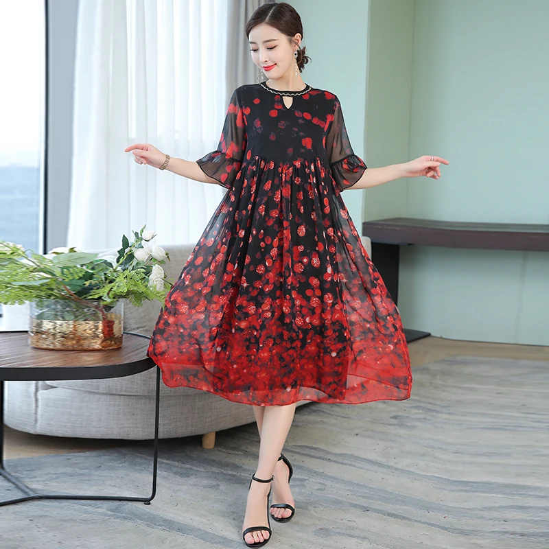 

Red Flowing Silk Dresses Women Natural Silk 2019 Plus Size Large Quality Party Night Polka Dot Wave Point Elegant Dresses Summer