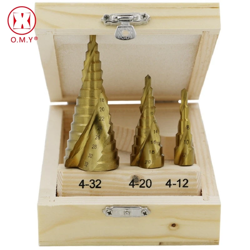 OMY Large Step Cone HSS Steel Spiral Grooved Step Drill Bit Hole Cutter Cut Tool 4-12/20/32mm with Wood Box 3pcs/Set