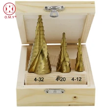OMY Large Step Cone HSS Steel Spiral Grooved Step Drill Bit Hole Cutter Cut Tool 4-12/20/32mm with Wood Box 3pcs/Set