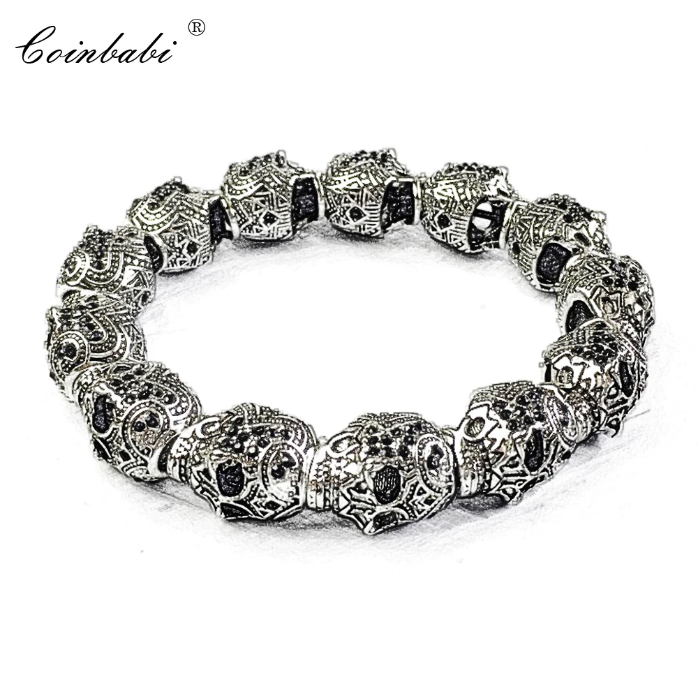 

Europe Punk Personalized Skull Pave Rope Silver Bracelet,2017 Karma Heart Fashion Jewelry Rebel Gift For Men & Women