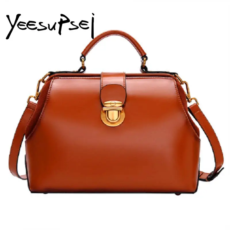

YeeSupSei Women Genuine Leather Handbag Vintage Hasp Doctor Totes Female Bucket Shoulder Bag Women Working Shopping Handbag