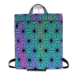 Новый бренд световой для женщин рюкзак кожа студент школьная сумка геометрический лазерной бриллиантами решетки Малый рюкзаки для