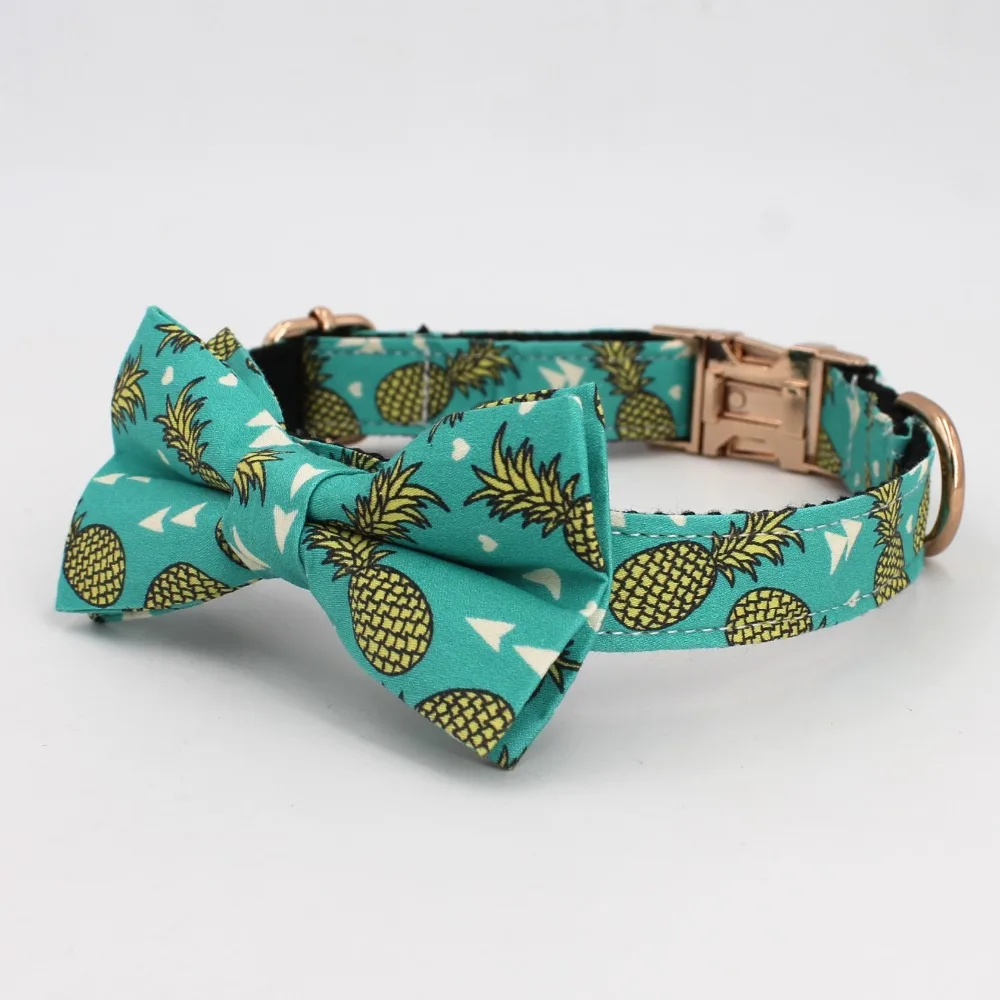 

Pineapple Dog Collar bow tie, Engraved Name and tel Adjustable Dog Collar Custom pet dog cat Necklace