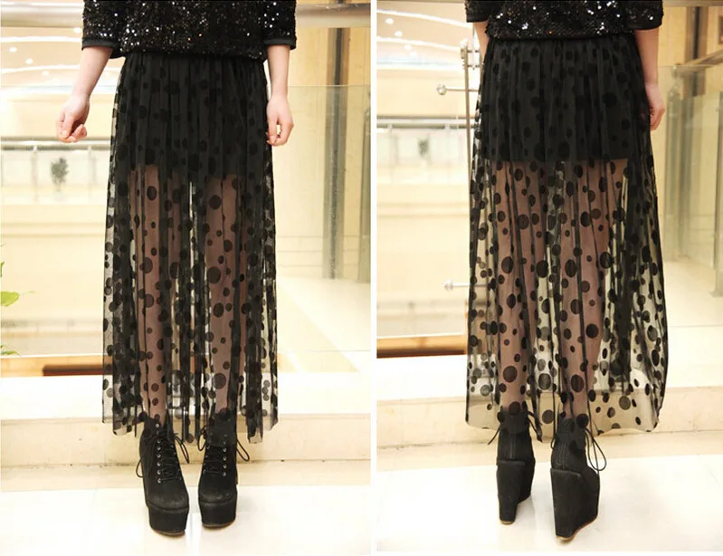 Тонкая юбка с эластичной талией, модная женская юбка в горошек, кружевная сетчатая длинная юбка макси, один размер