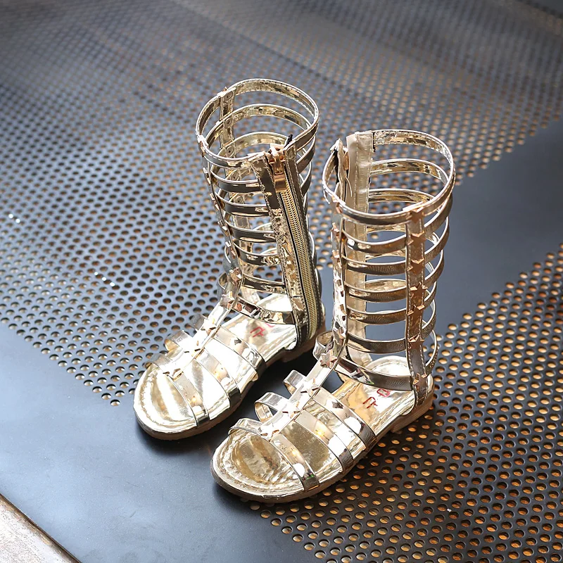 2019 Kids Girl Gladiator Sandals Summer Children's Sandals Korean Girls High-top High Tube Rivets Hollow Roman Shoes Boots