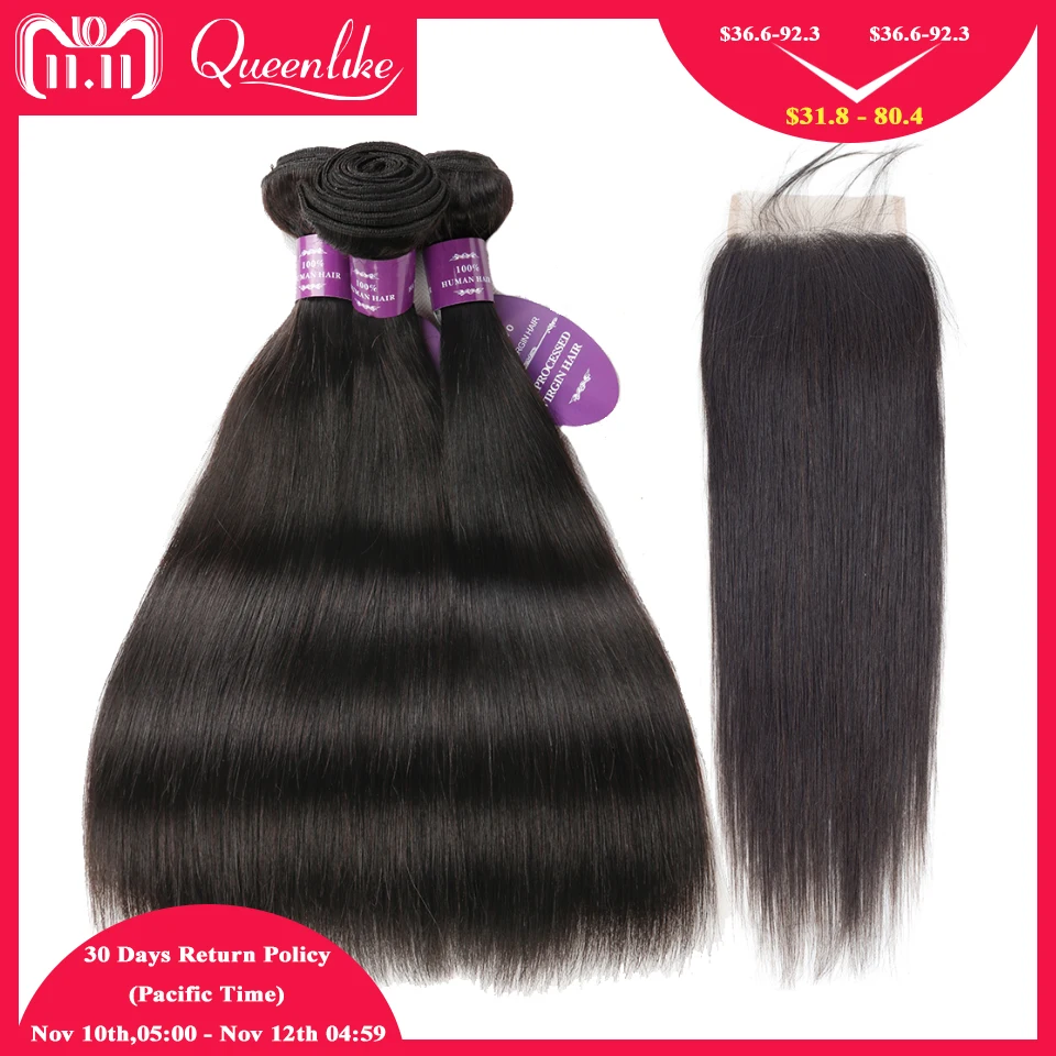 QueenLike Hair Products 2 3 Real Human Hair Bundles With Closure Color 1B Non Remy Peruvian