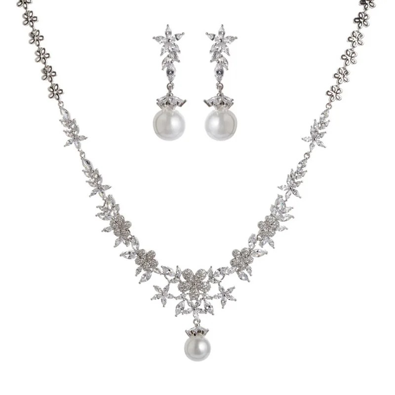 

Pearl Crystal Necklace Earrings Bride Wedding Jewelry Sets Women Party Gift CX17