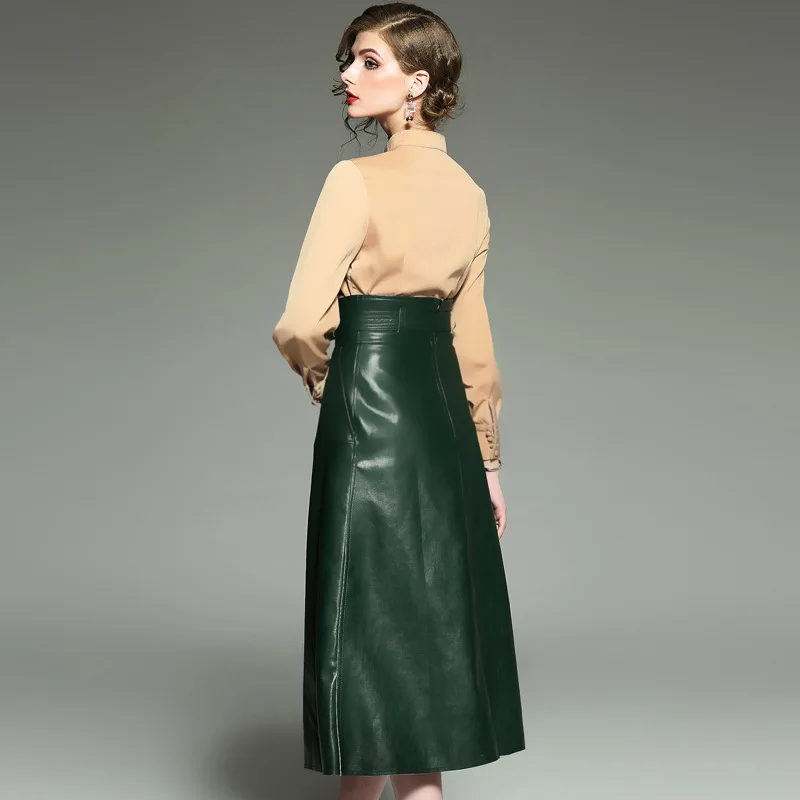 Костюм из искусственной кожи с юбкой, женская рубашка с длинными рукавами+ юбка из искусственной кожи с поясом, Модный женский комплект из 2 предметов