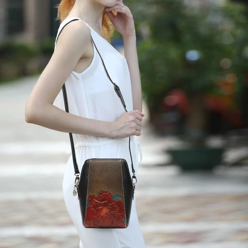 

Fashion Mini Shoulder Bag Genuine Leather Soft Cow Leather Zipper Flower Vintage Crossbody Mobile Phone Bag Women Party Purse