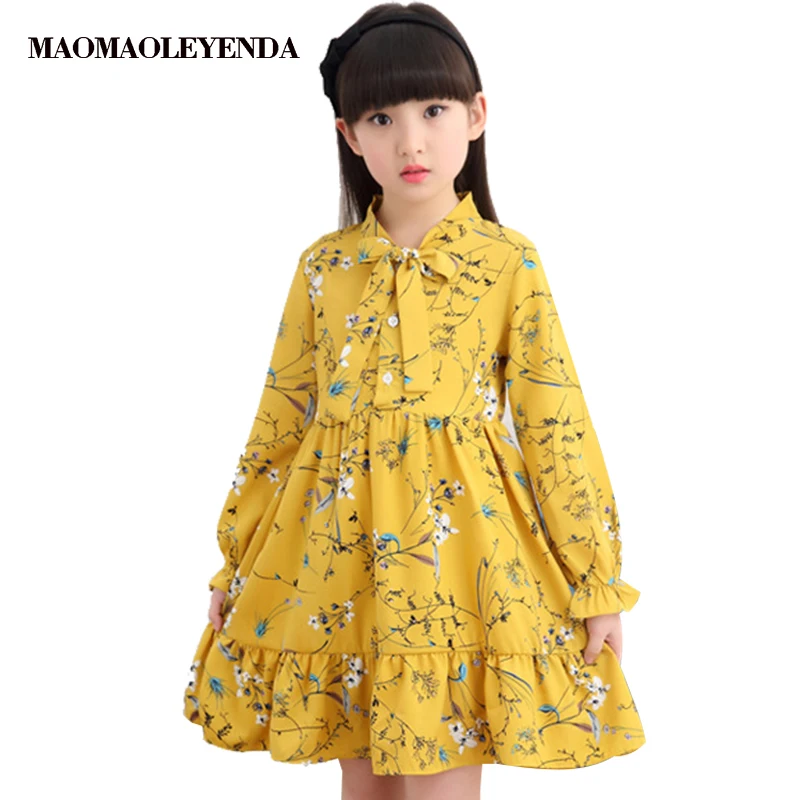 Свободное шифоновое платье для девочек-подростков весенне-зимнее Хлопковое платье с длинными рукавами и цветочным принтом для девочек от 4 до 14 лет, одежда для крупных девочек