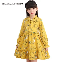 Свободное шифоновое платье для девочек-подростков весенне-зимнее Хлопковое платье с длинными рукавами и цветочным принтом для девочек от 4 до 14 лет, одежда для крупных девочек