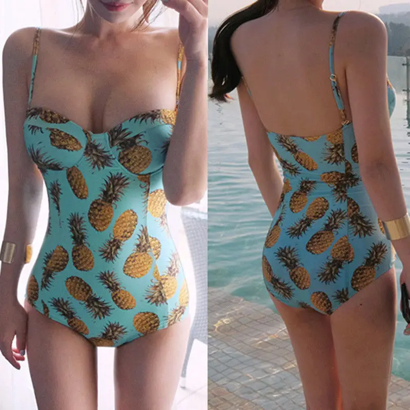 Summer Print Swimsuit HOT Women Summer Sleeveless V-Neck One Piece Swimsuit Push Up Pineapple Print Bikini Jumpsuits bodysuits