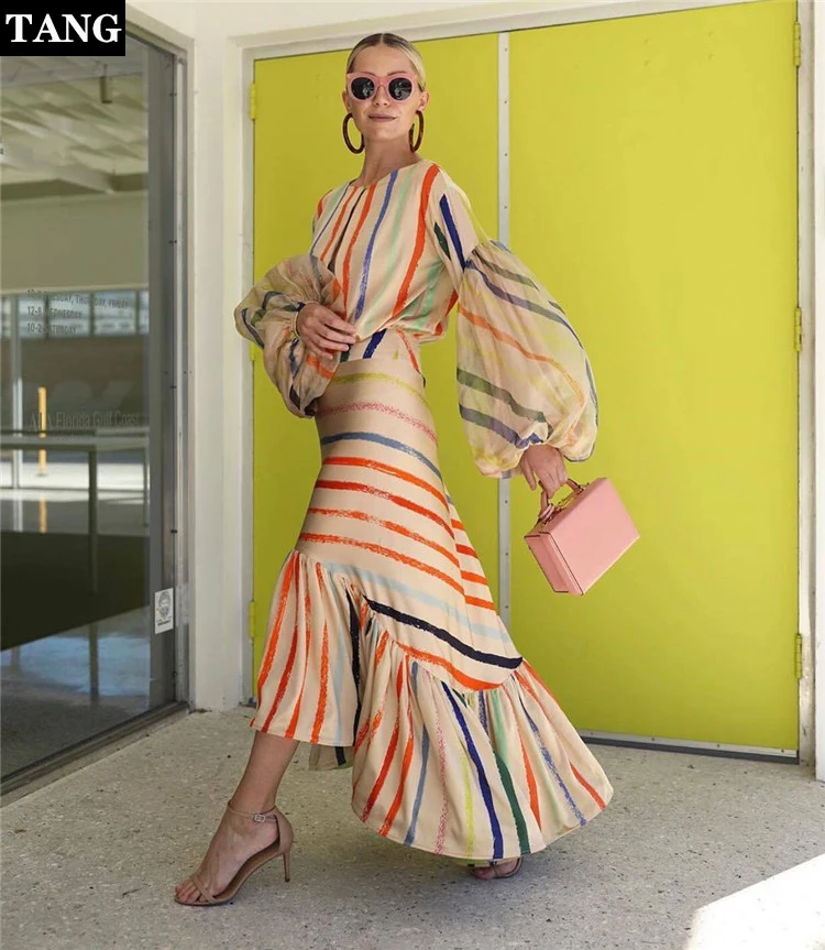 

Tang Spring long maxi woman dress Color stripe stitching designer dress lantern sleeve high quality plus size dress