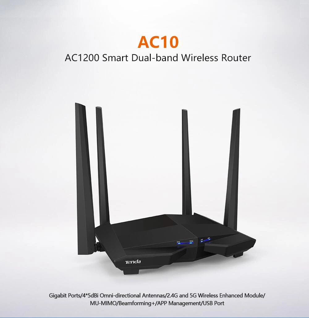 Tenda AC10 AC1200 Беспроводной Wi-Fi маршрутизатор двухдиапазонный 2,4G/5G гигабитный порт 802.11AC с антеннами высокого усиления приложение