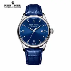 Reef Tiger/RT синие часы для мужчин платье механические часы из нержавеющей стали кожаный ремешок автоматические часы с датой RGA823