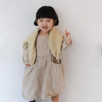 

INS Korea Japan Simple Style Casual Solid Kids Girls Dress Baby Cotton Linen Big Pockets Long Sleeve Bebes Children Dress