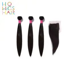 WoWigs малазийские волосы remy прямые 3 Связки дело с топ синтетическое закрытие шнурка волос/фронтальные натуральный цвет 1B