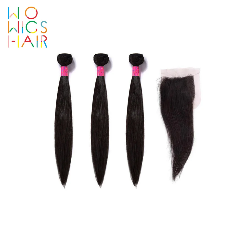 

WoWigs Hair Malaysian Hair Remy Hair Straight 3 Bundles Deal With Top Lace Closure / Frontal Natural Color 1B