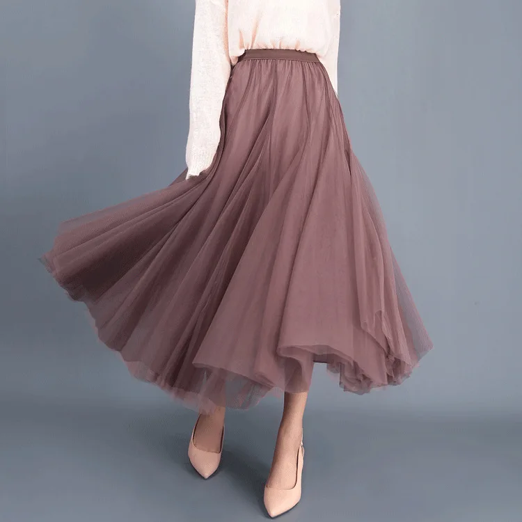 OHRYIYIE/бежевая, серая, розовая длинная юбка макси для женщин,, фатиновые юбки, весенние, летние, вечерние, сетчатые, трапециевидные юбки для женщин, Jupe Longue - Цвет: Коричневый
