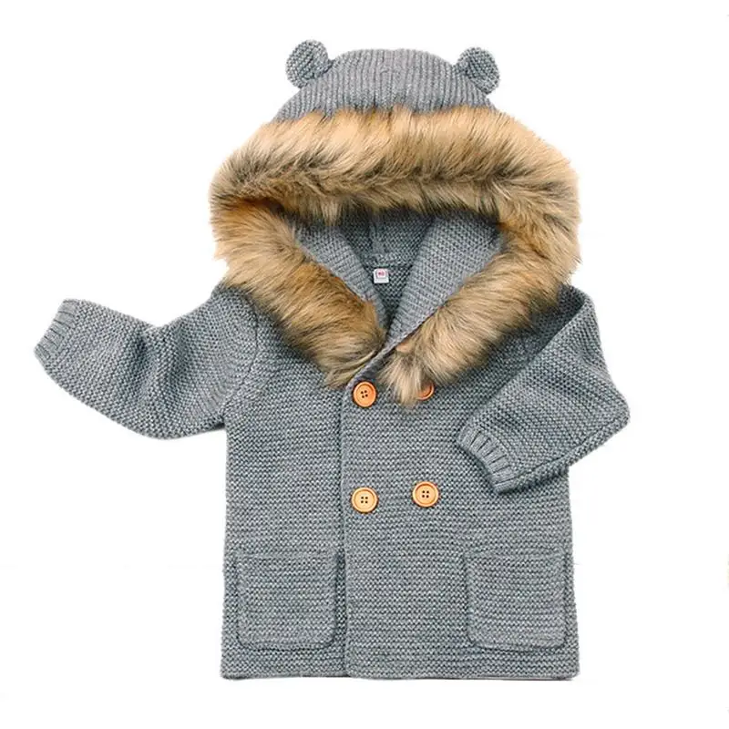 Осенне-зимнее теплое детское трикотажное пальто с меховым капюшоном, куртка с милыми ушками медведя, свитер с капюшоном и длинными рукавами для маленьких мальчиков и девочек, верхняя одежда