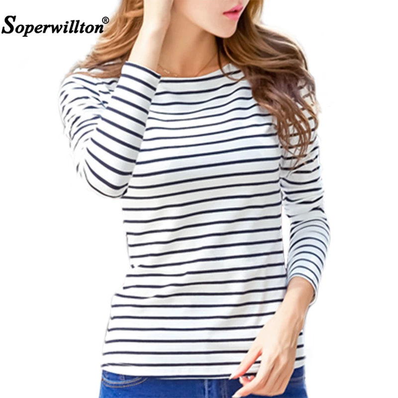 

Soperwillton Cotton T-shirt Women 2019 New Autumn Long Sleeve O-Neck Striped Female T-Shirt White Casual Basic Classic Tops #620