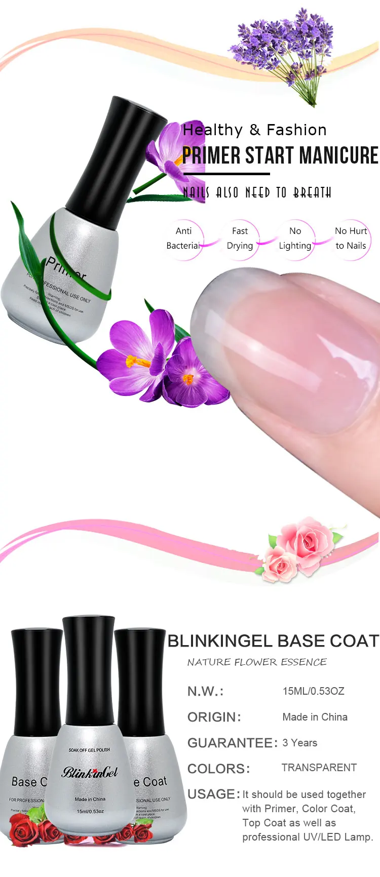 BlinkinGel 2 шт праймер для ногтей s акриловый праймер для ногтей основа пальто праймер для ногтей светодиодный Гель-лак основа для гель-лака для ногтей в смолы 15 мл