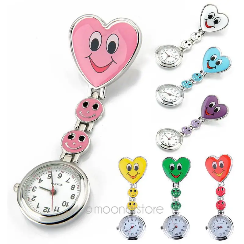 Новый карманные часы детей Симпатичные часы сердце Форма мультфильм усмешки часы медсестры клип на брошка брелка кварцевые часы для