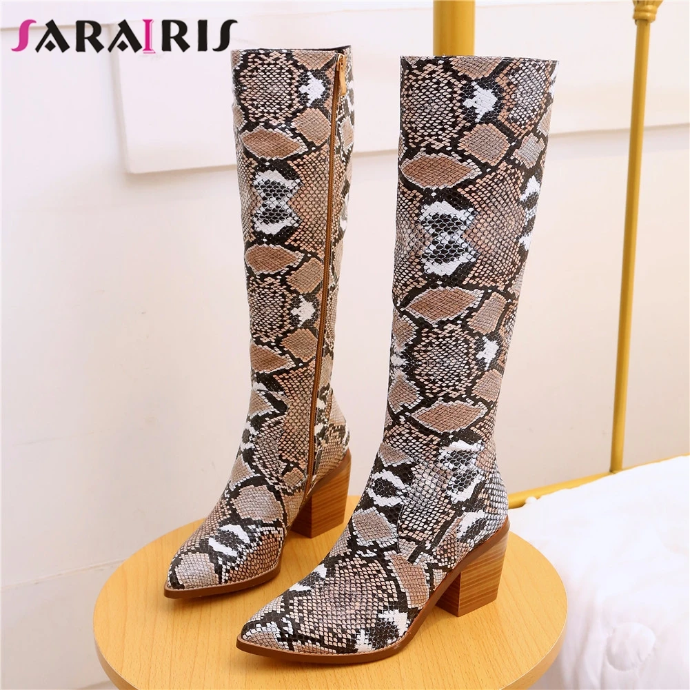 

SARAIRIS New Fashion Big Size 34-44 Snake Veins Ladies High Heels Pointed Toe Shoes Woman Casual Party Autumn Mid Calf Boots