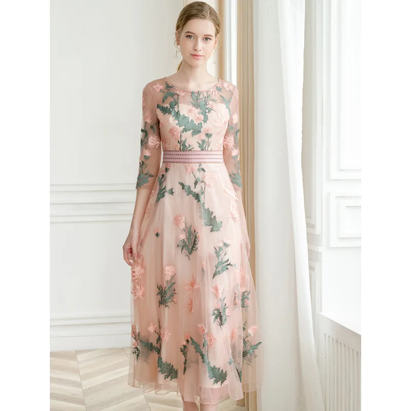 

Beige Apricot Maxi Long Dress Elegant Women vestidos de fiesta Summer Pink Runway Party Dresses High Waist Luxury Embroidery